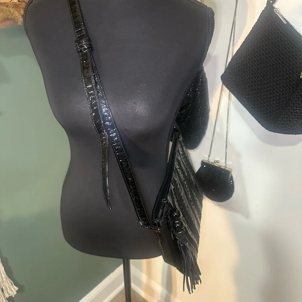 90s Vintage Sharif Black Leather Corset Crossbody Bag Made in USA